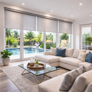 Custom roller shades luxury waterfront living room pool view Felicia Interiors Miami-Dade South Florida