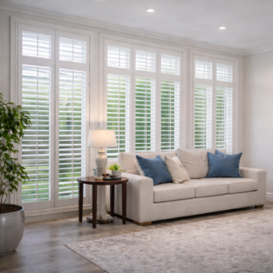 Custom plantation shutters luxury living room Felicia Interiors Miami-Dade South Florida