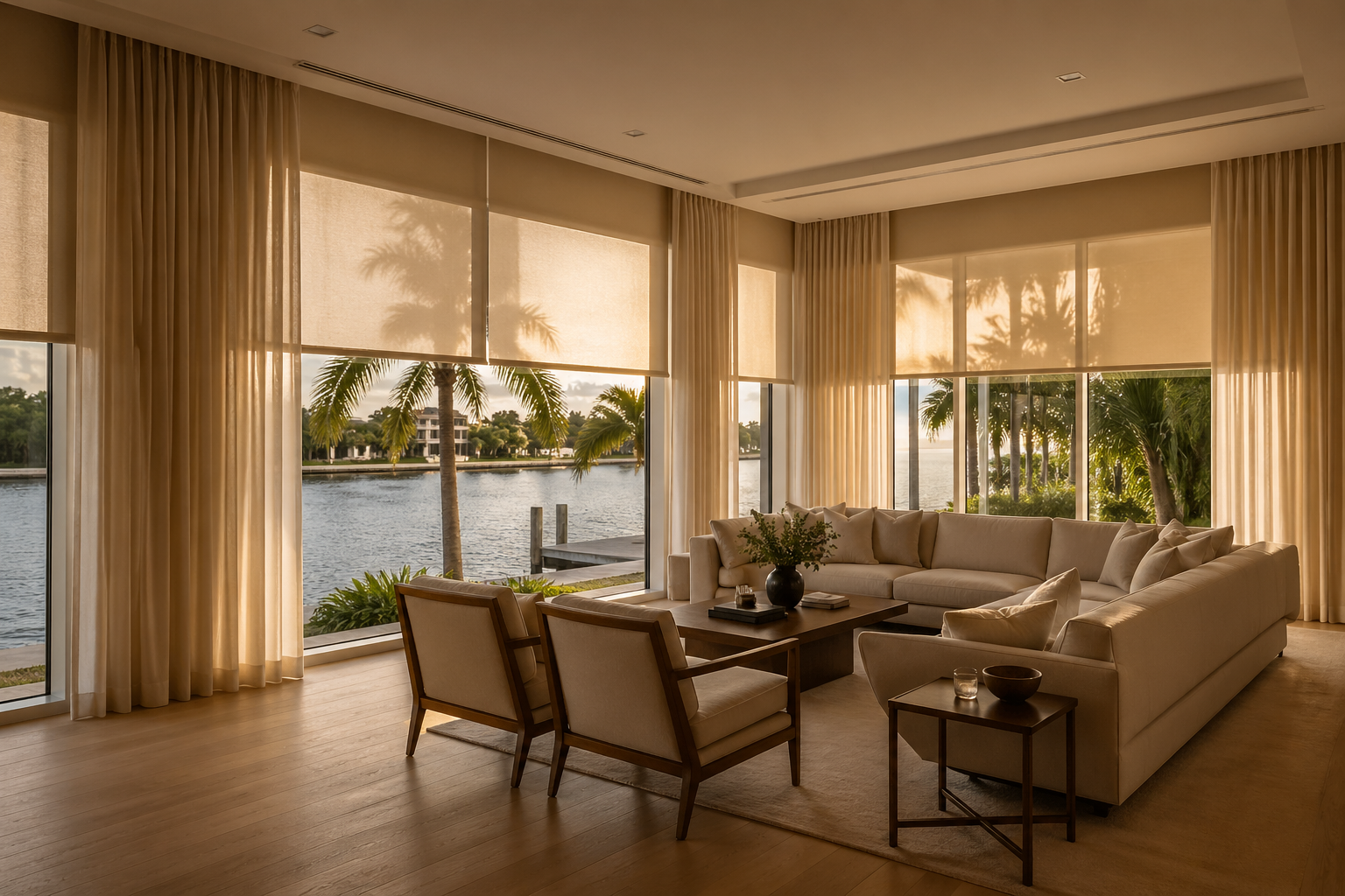 Custom roller shades and drapes luxury waterfront living room Palmetto Bay South Miami-Dade Felicia Interiors