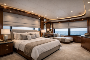 Custom roller shades luxury yacht bedroom stateroom Felicia Interiors Miami-Dade South Florida