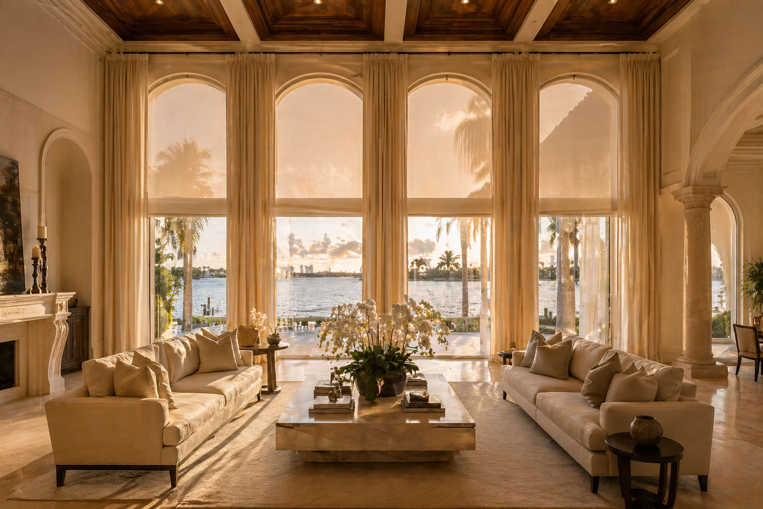 Custom drapes and motorized shades grand Mediterranean waterfront estate Fisher Island Miami Felicia Interiors
