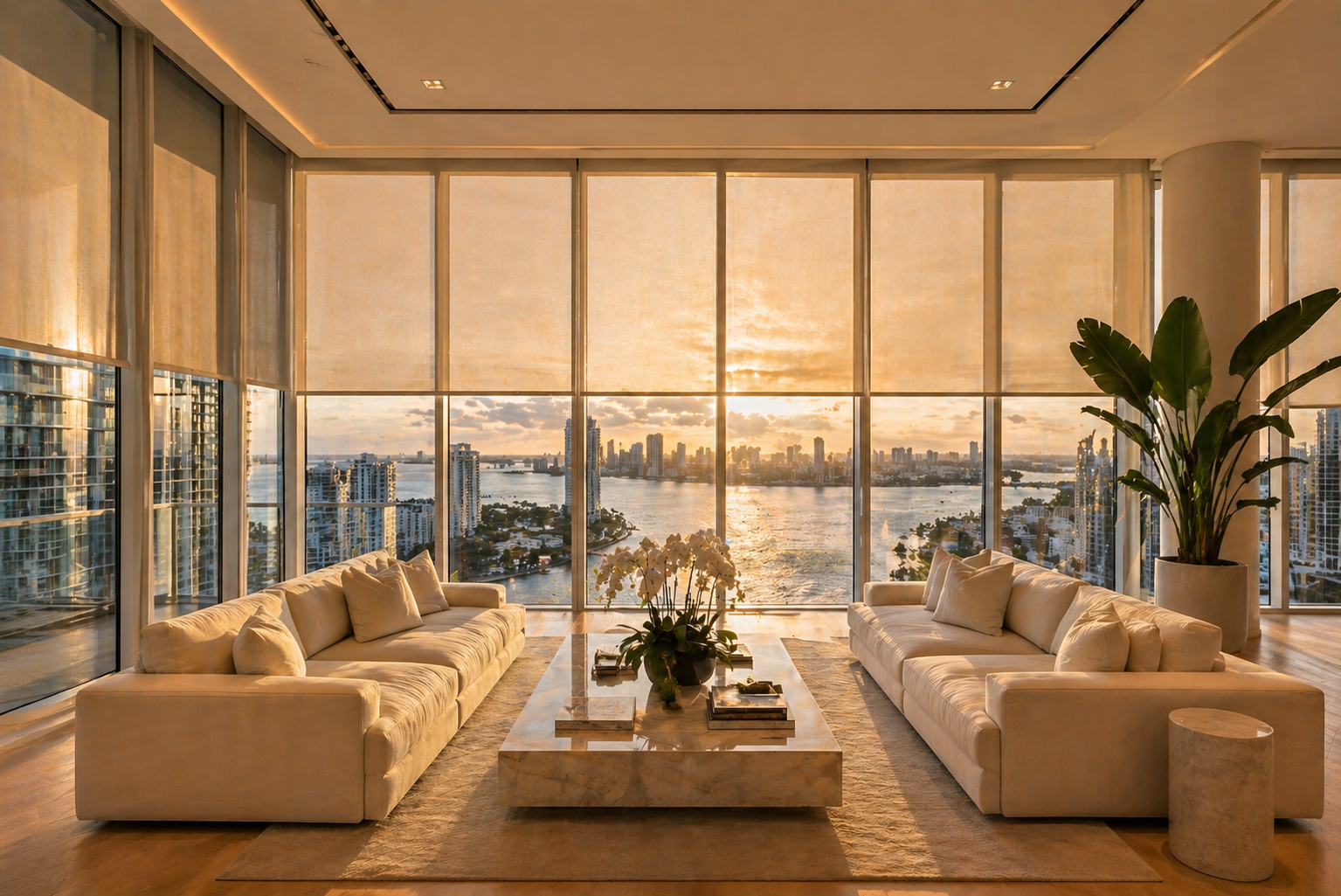 Motorized solar shades luxury Brickell penthouse Biscayne Bay Miami skyline view Felicia Interiors