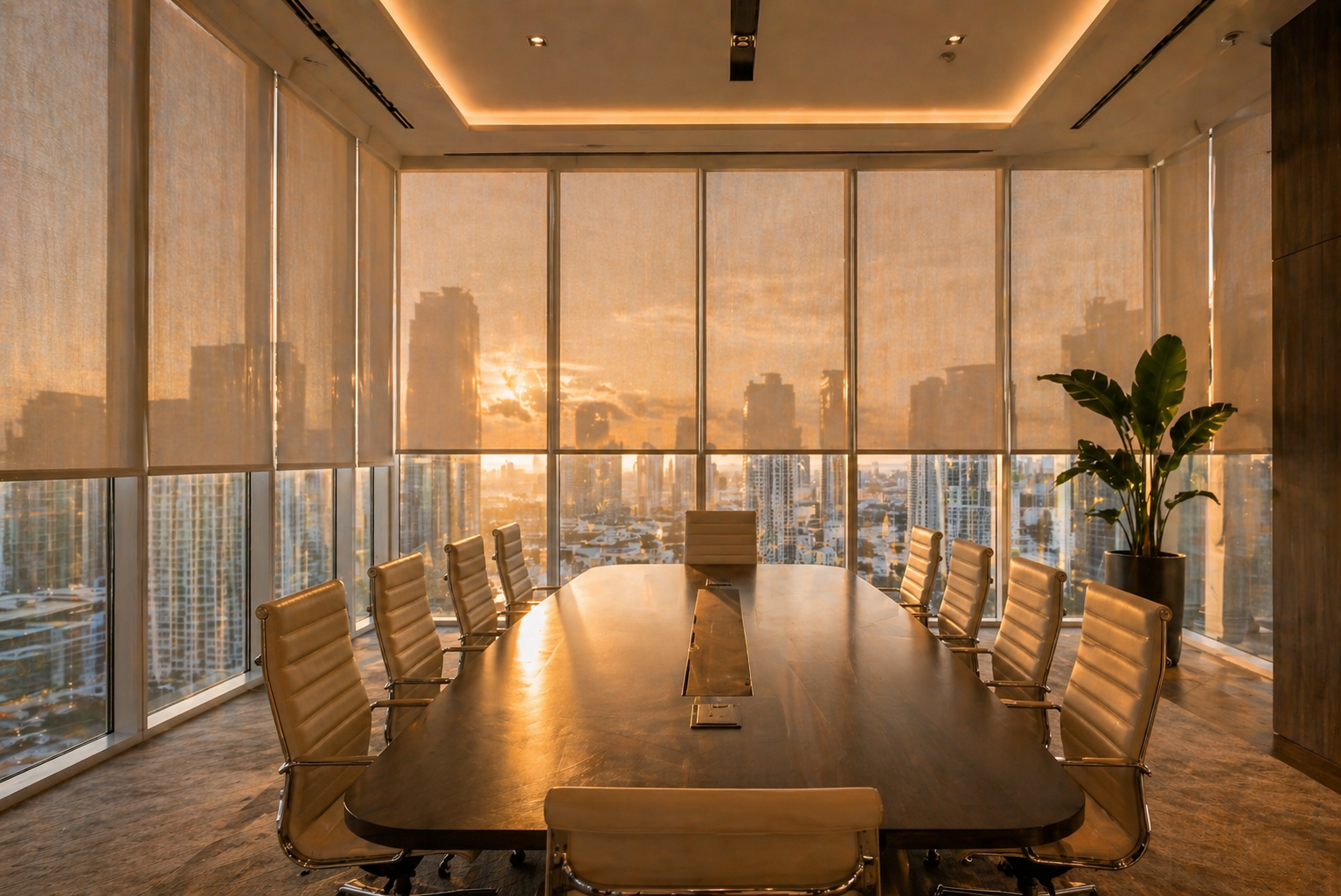 Custom motorized solar shades luxury boardroom Downtown Miami Worldcenter Felicia Interiors
