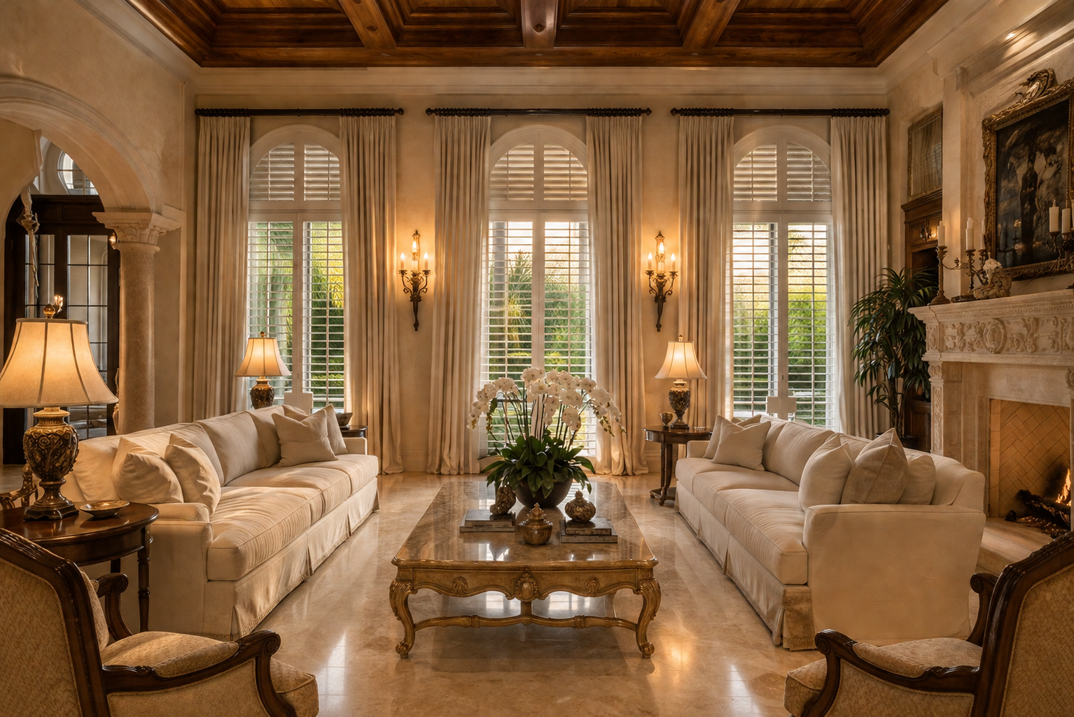Custom plantation shutters linen drapes grand Mediterranean estate Coral Gables Miami Felicia Interiors