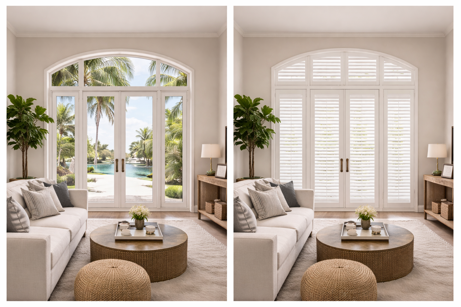 Before and after plantation shutters installation in a luxury Miami living room by Felicia Interiors LLC