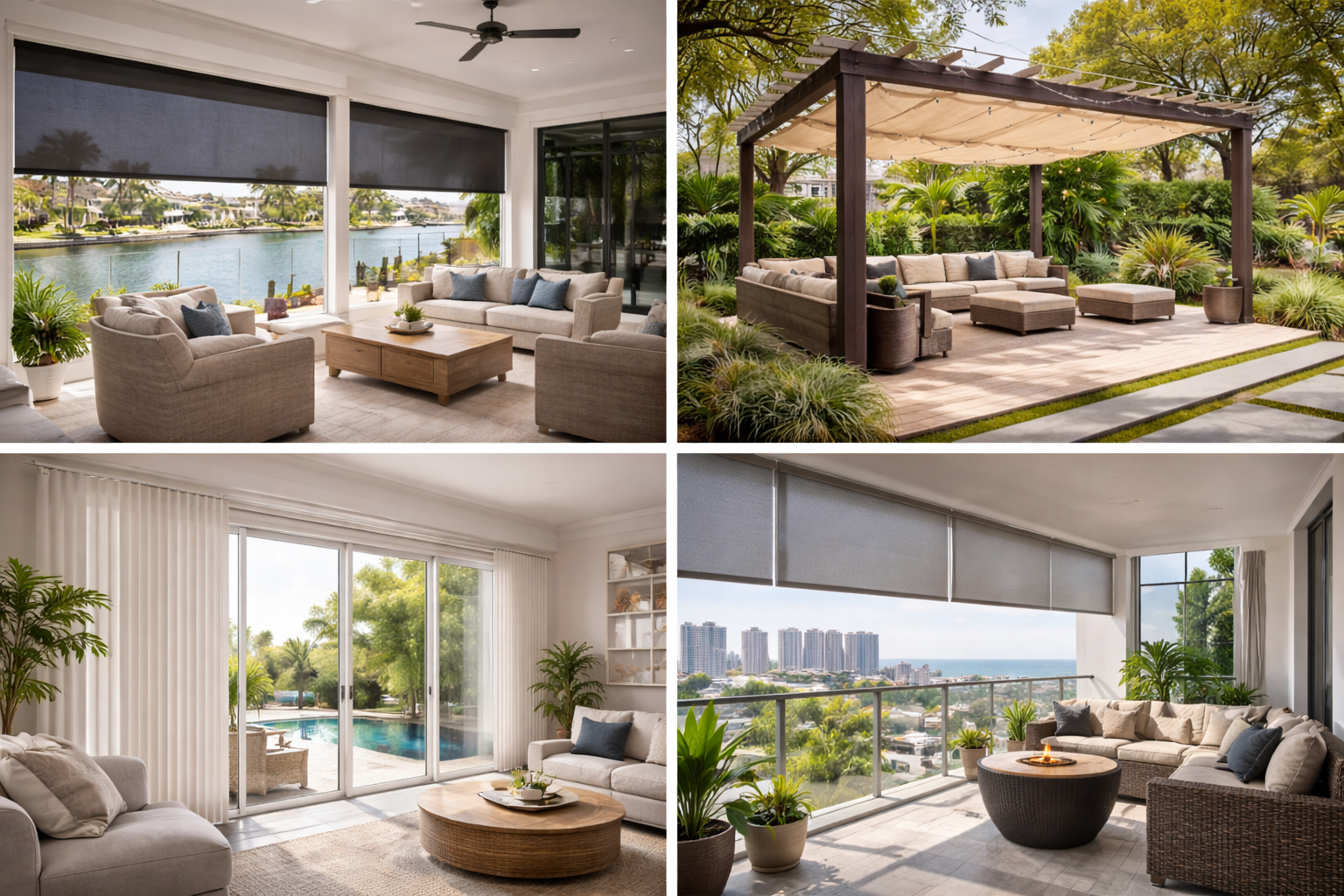 Four panel collage showing custom roller shades outdoor pergola shades drapes and balcony shades installed in luxury Miami homes by Felicia Interiors LLC