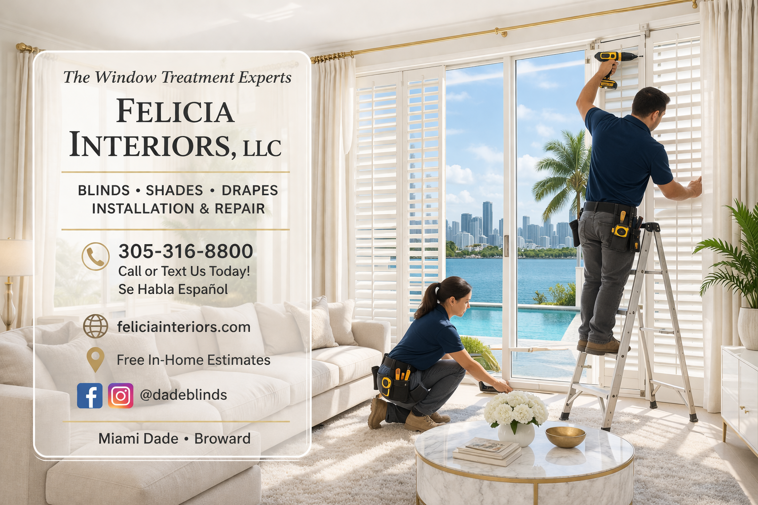 Felicia Interiors LLC professional window treatment installer fitting plantation shutters in a luxury Miami home with Brickell skyline and waterfront views