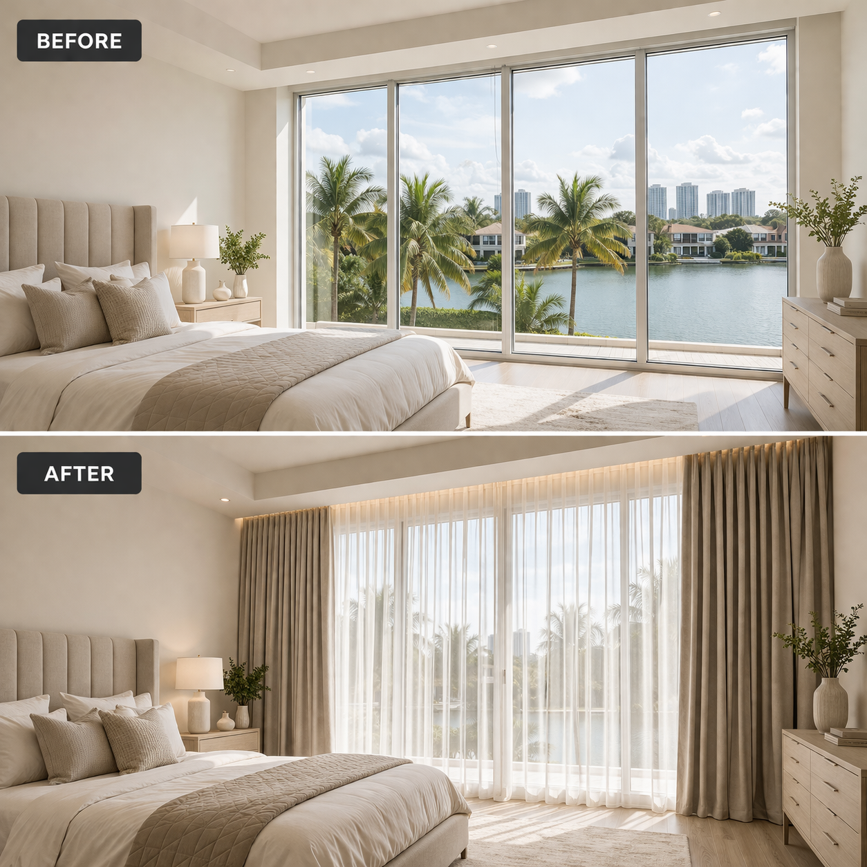 home before and after window treatment image, custom blinds installed in miami beach, north miami, brickell area felicia interiors llc