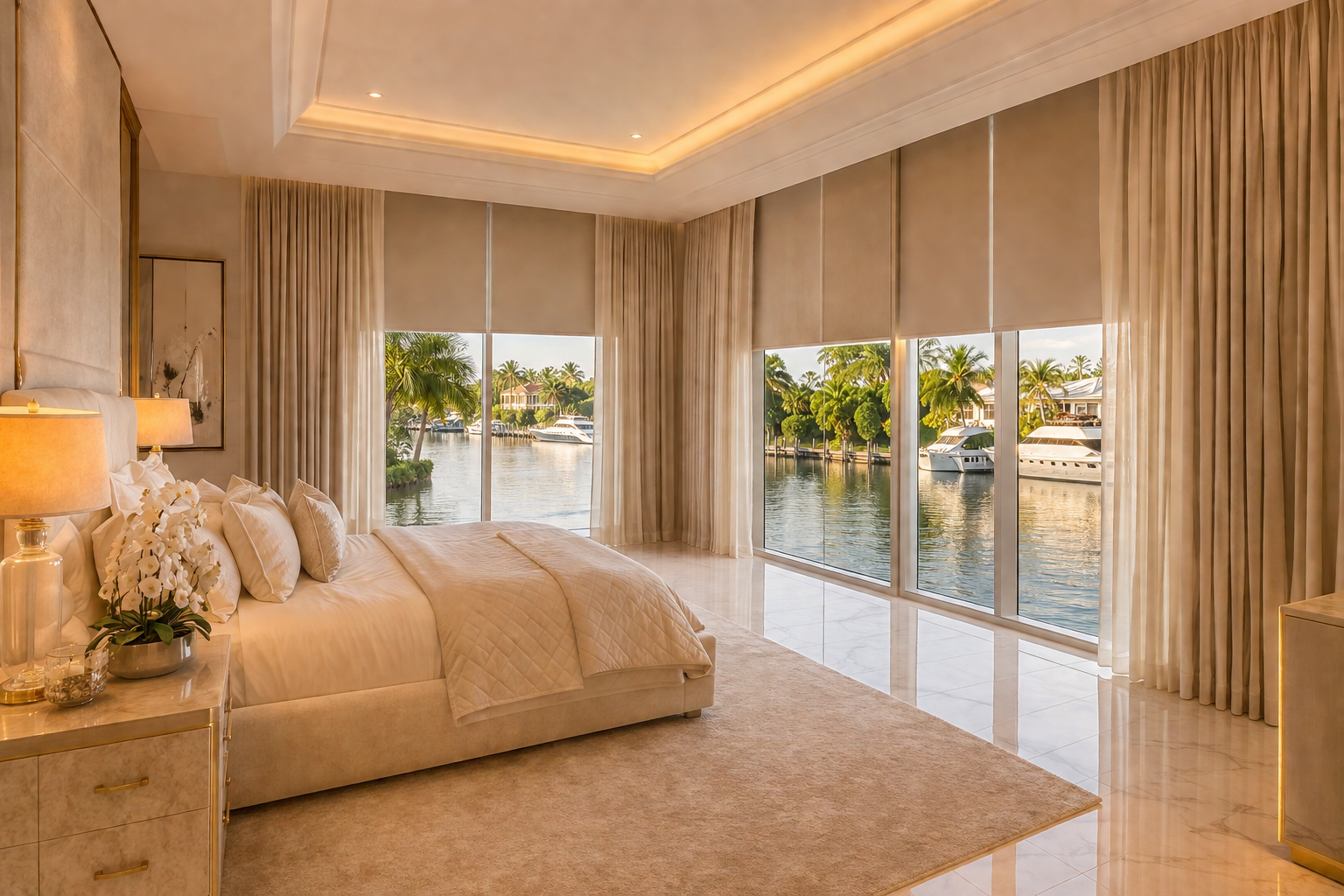 Custom motorized shades drapes luxury master bedroom Fort Lauderdale Intracoastal waterfront Felicia Interiors