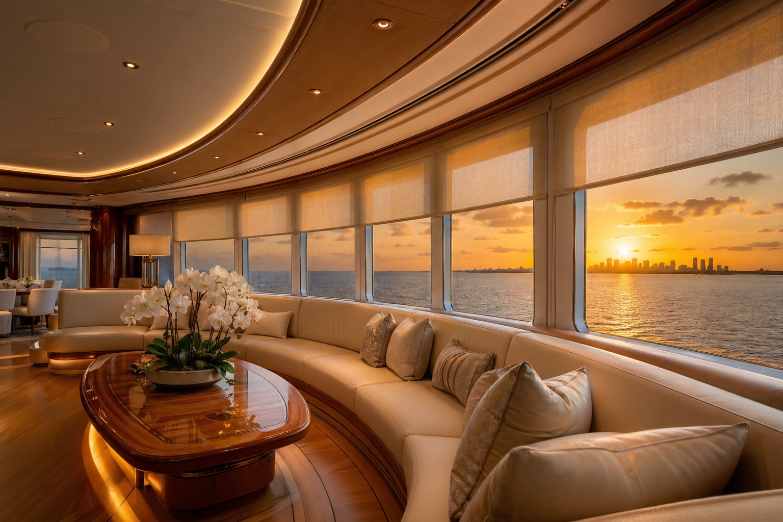 Custom marine motorized roller shades luxury superyacht salon Miami skyline sunset Felicia Interiors