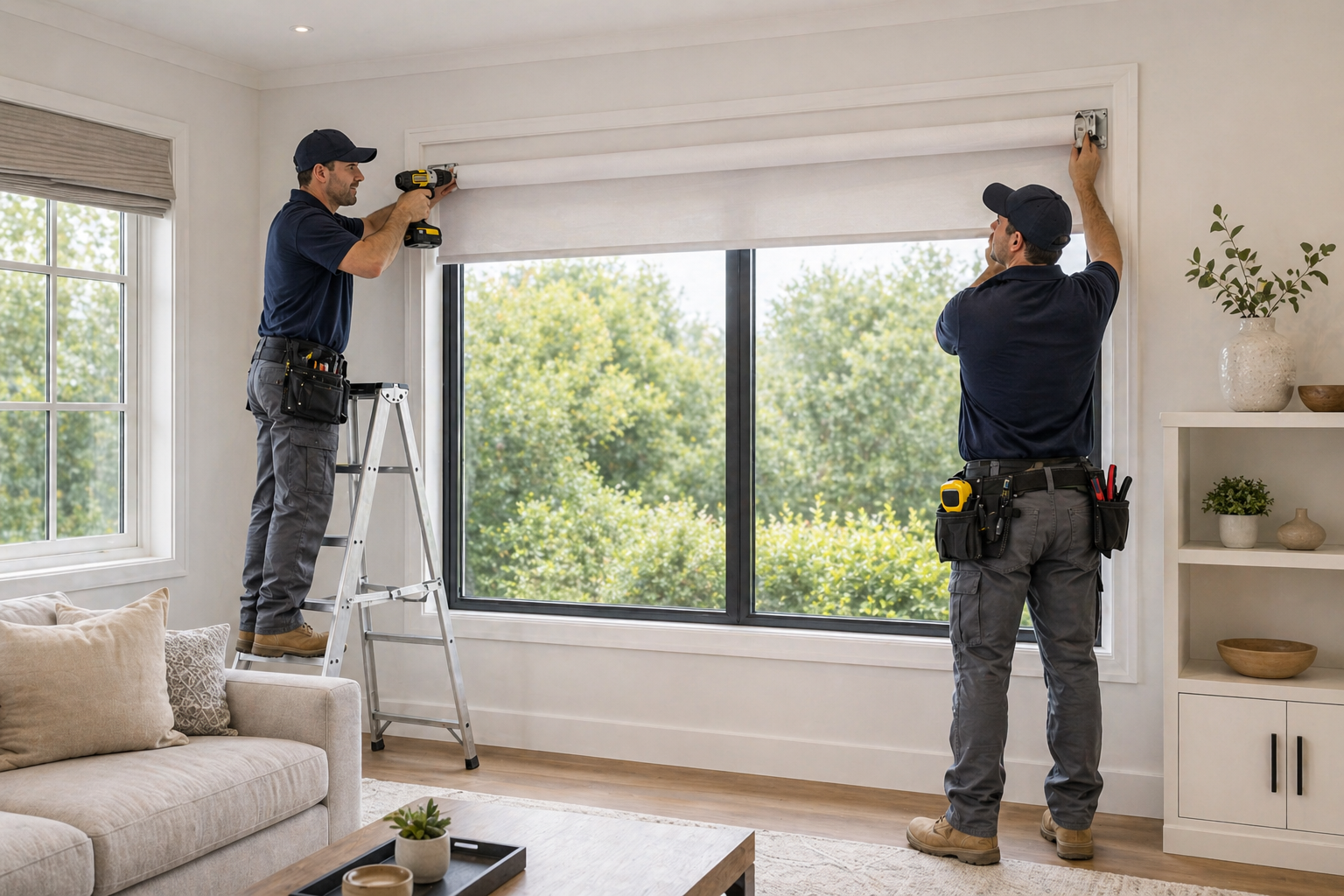 Two professional installers mounting a custom roller shade in a bright modern living room with large window and neutral interior design