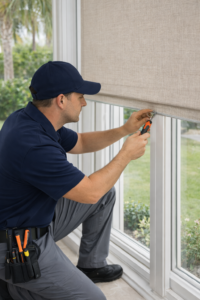 Felicia Interiors professional installer fitting custom window shades luxury home Miami-Dade South Florida