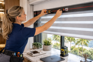 Felicia Interiors female installer fitting custom zebra shades luxury home Miami-Dade South Florida