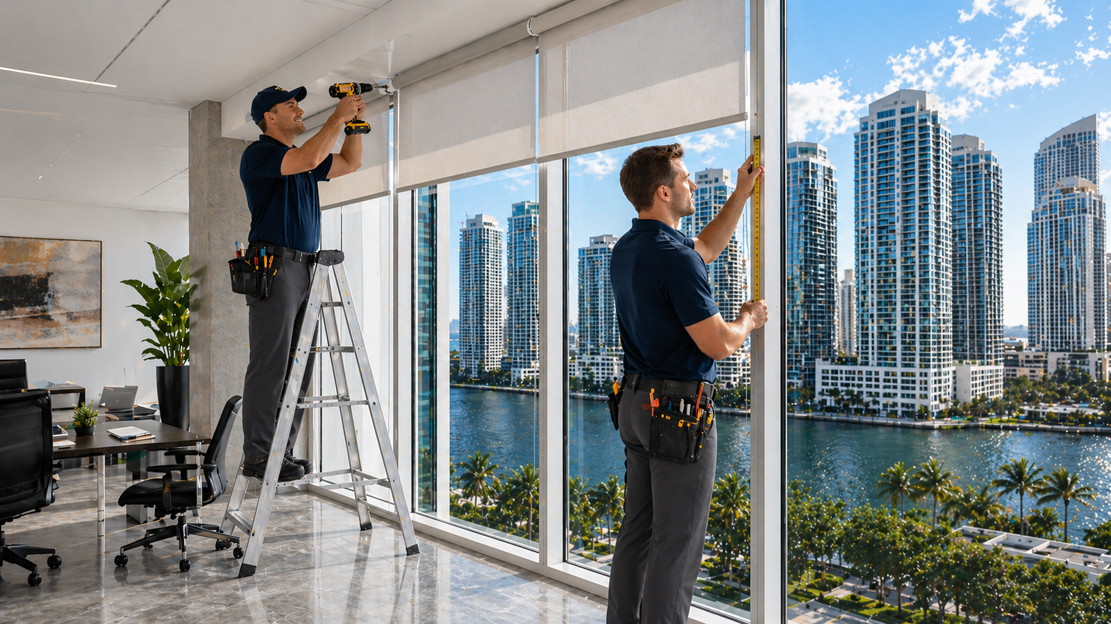 Two professional installers measuring and mounting custom roller shades inside a modern luxury Miami office with floor-to-ceiling windows overlooking the Brickell waterfront skyline.