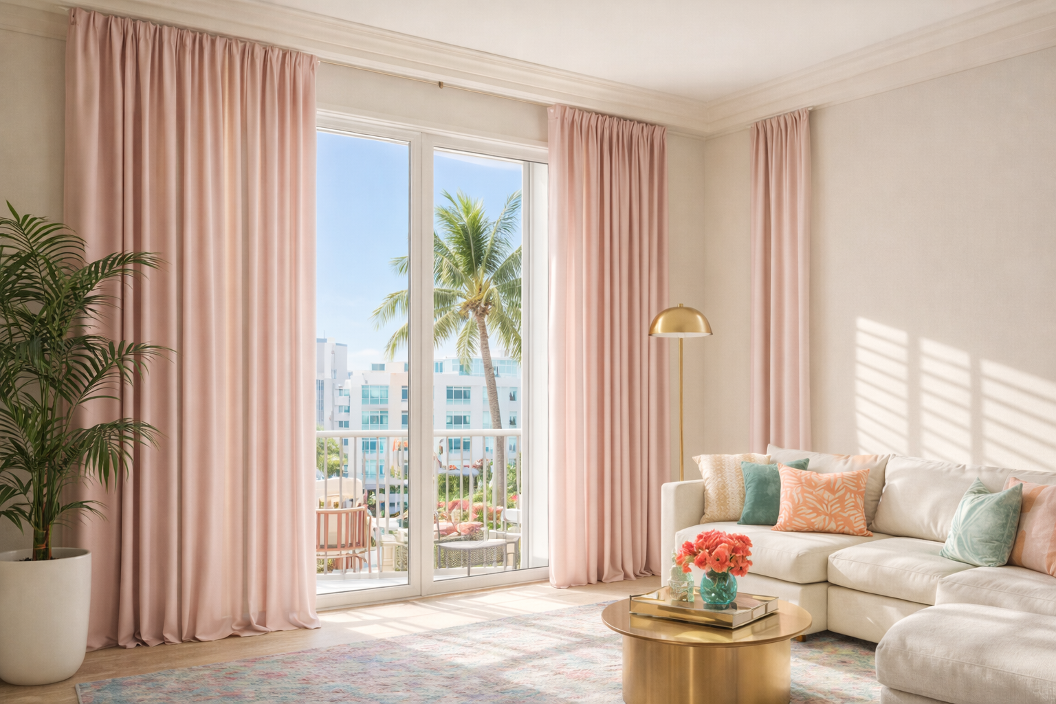 drapes curtains blush pink drapes in pastel south florida living room with natural light palm trees and coastal view