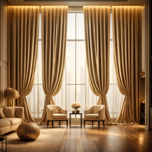 Custom gold drapery curtains elegant luxury living room Felicia Interiors Miami-Dade South Florida