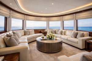 Custom window treatments luxury yacht salon ocean view Felicia Interiors Miami-Dade South Florida