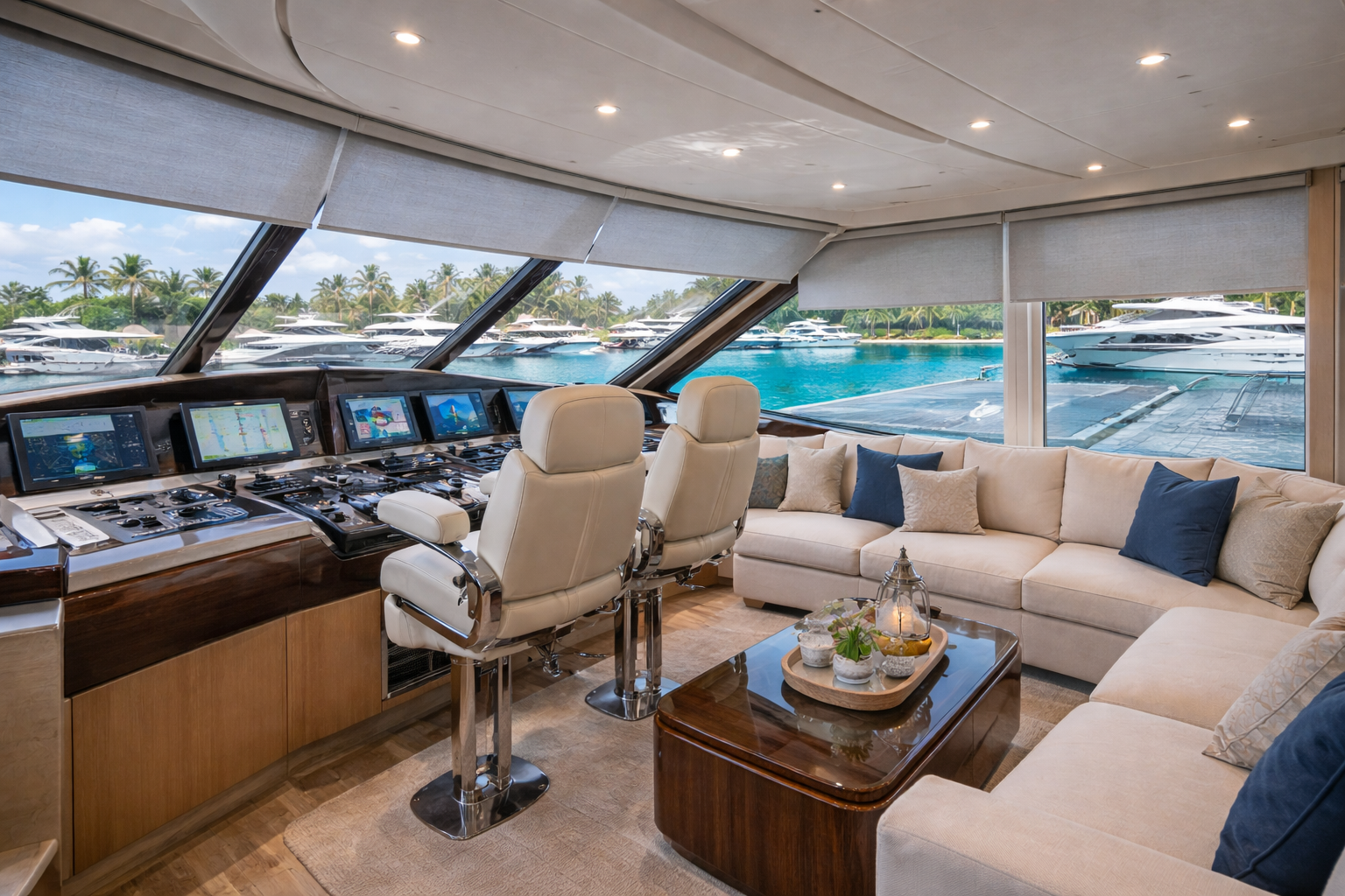 Helm station with marina view:
Luxury yacht helm station captain chairs navigation screens marina view Felicia Interiors Miami South Florida