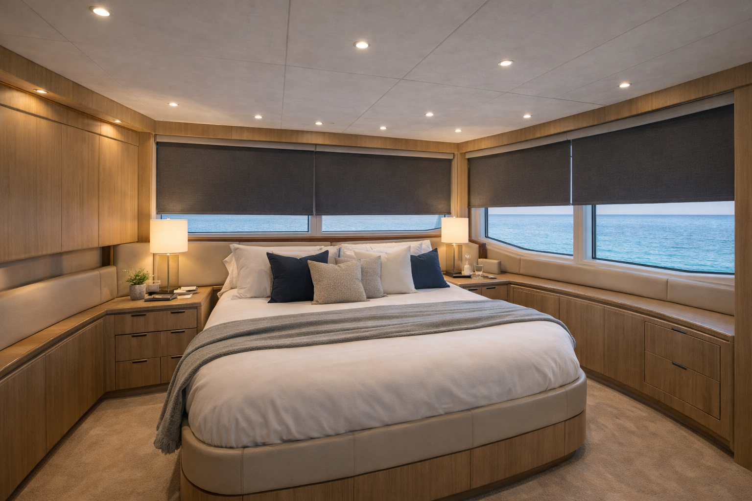 Custom blackout roller shades luxury yacht stateroom ocean view Felicia Interiors Miami South Florida