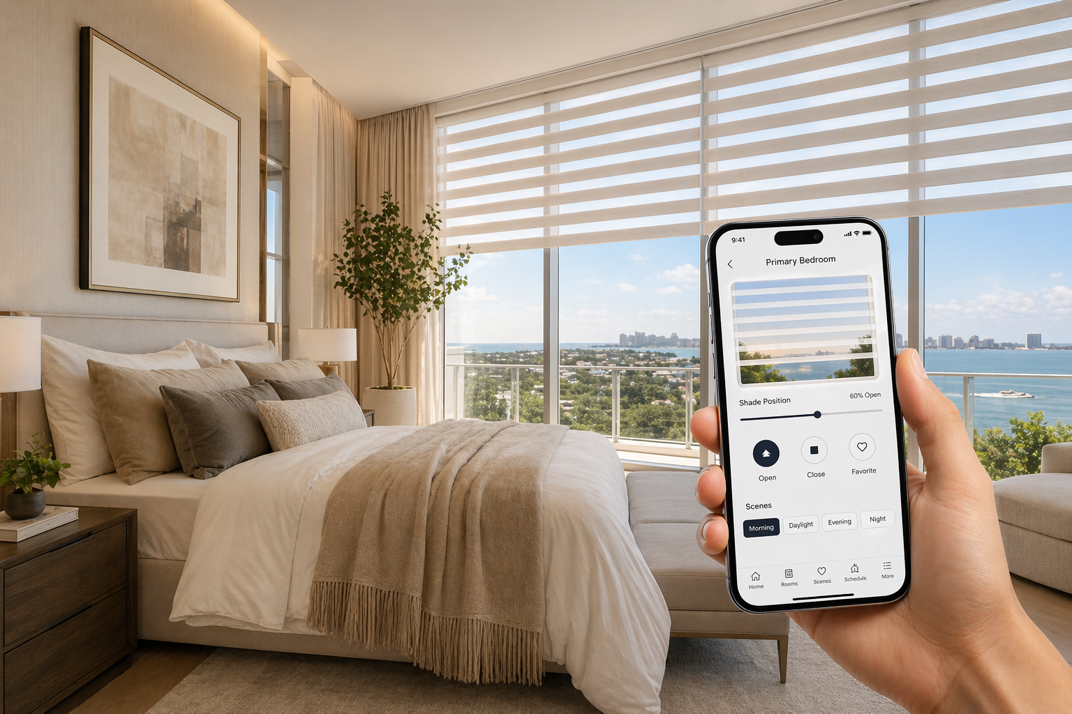 Motorized shades smart home control iPhone app luxury bedroom Miami Felicia Interiors South Florida