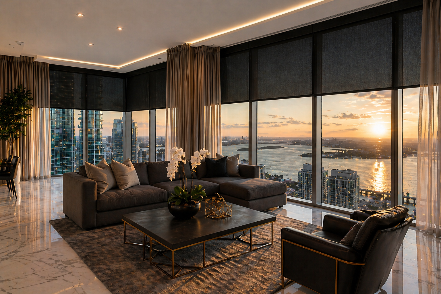 motorized roller shades & linen drapery in paramount miami worldcenter condo luxury miami window treatments