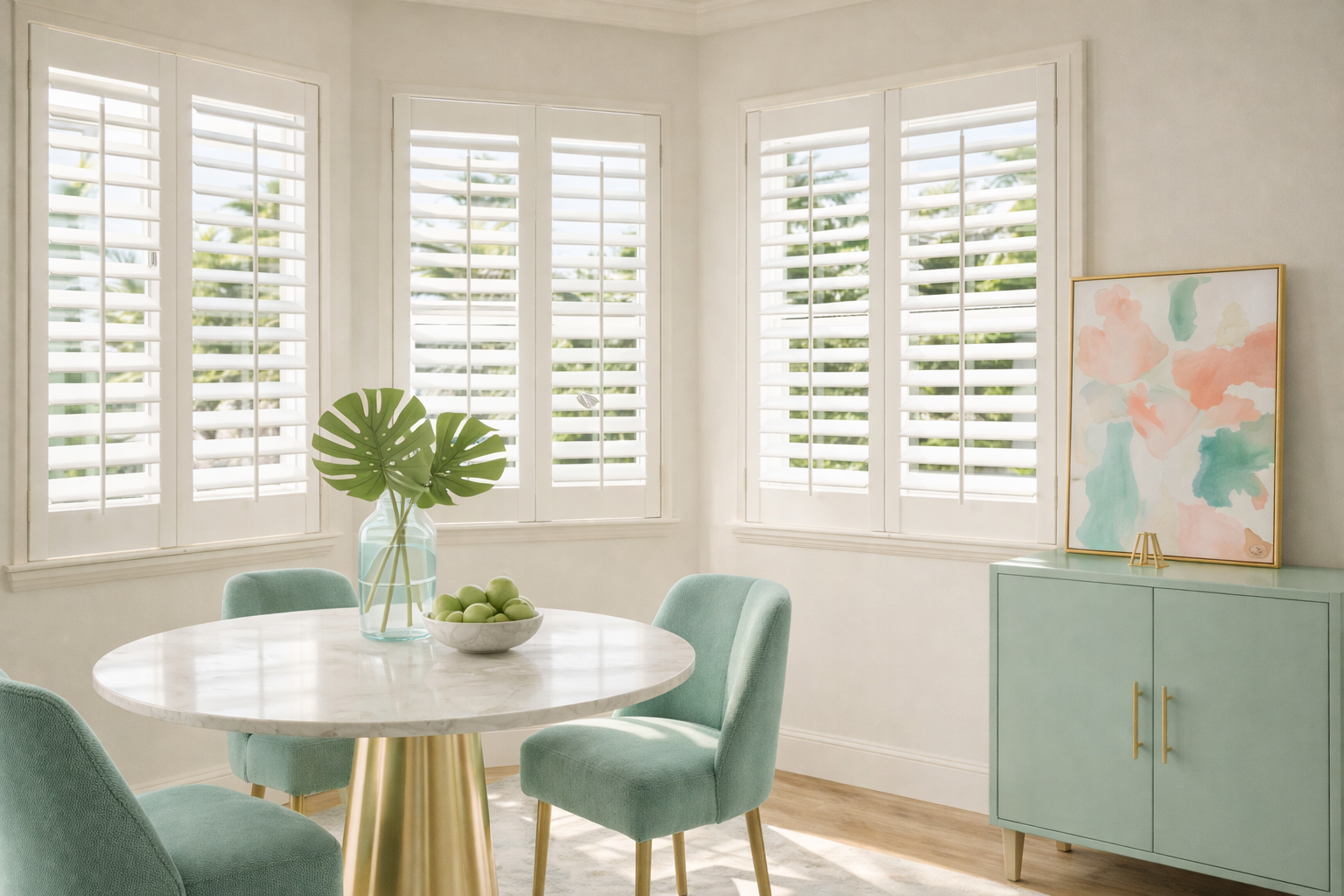 plantation shutters white plantation shutters in pastel coastal dining room south florida home with natural sunlight and palm view