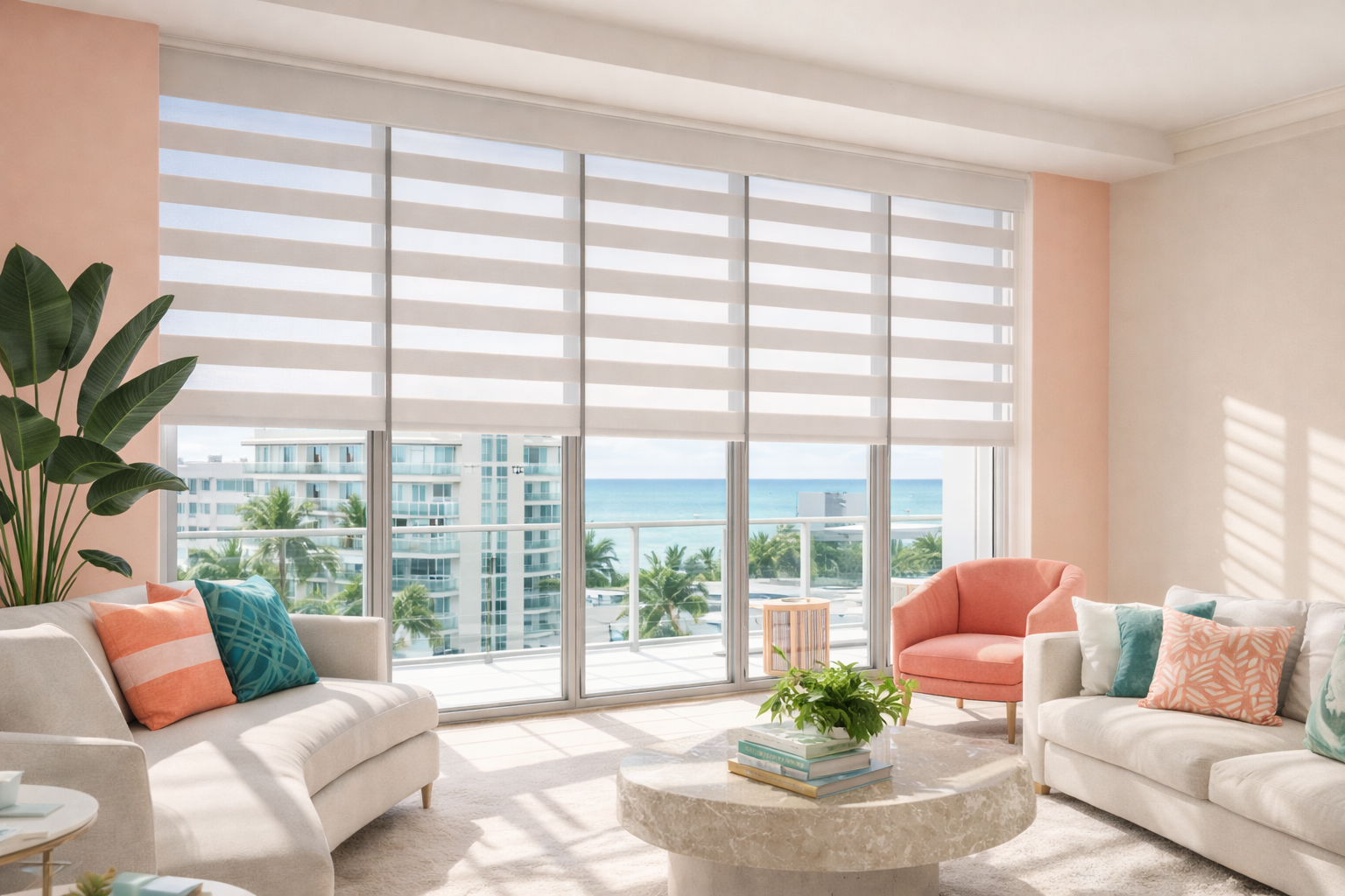 shades zebra shades in pastel coral coastal living room with ocean view south florida condo natural light