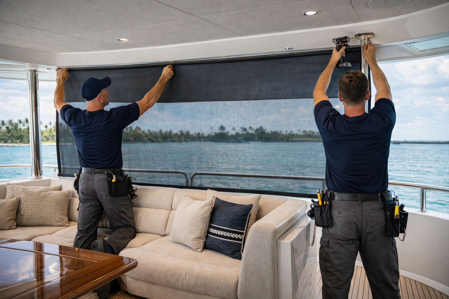 Felicia Interiors installers fitting custom solar shades luxury yacht salon marine interior South Florida Miami