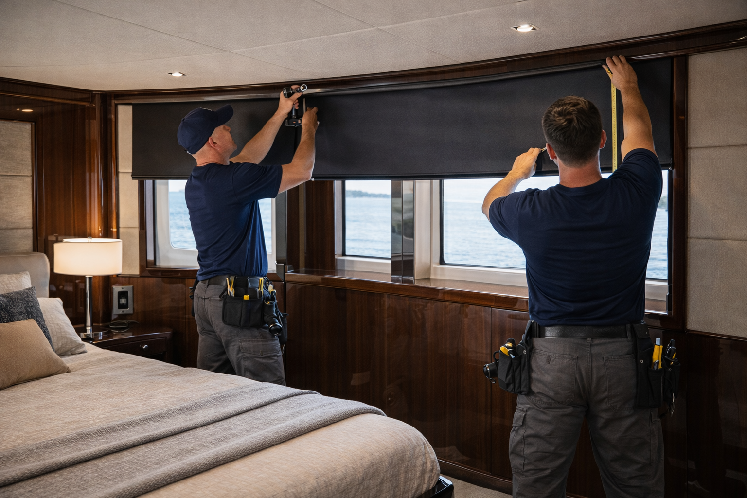 Felicia Interiors installers fitting custom blackout shades luxury yacht cabin stateroom South Florida Miami