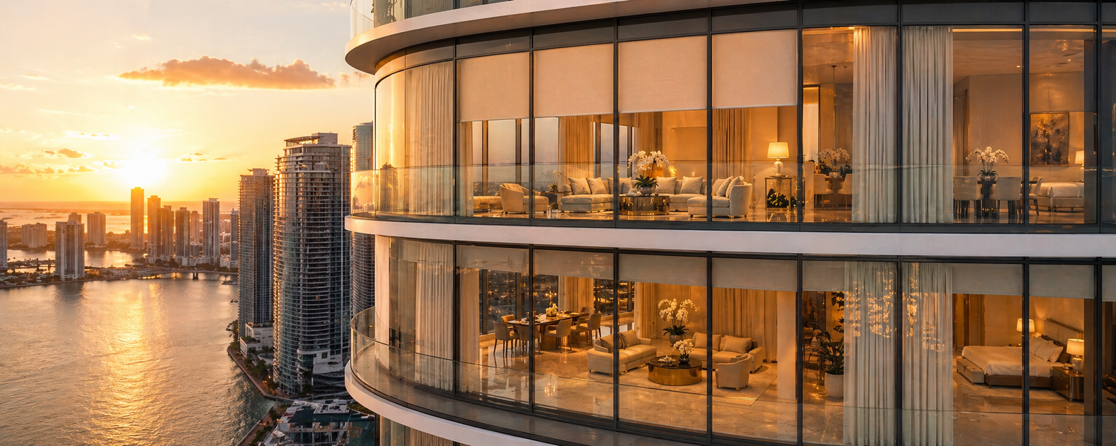 Motorized roller shades installed on floor-to-ceiling windows in luxury Paramount Miami Worldcenter condo overlooking Biscayne Bay skyline at sunset - Felicia Interiors LLC commercial window treatments Downtown Miami
