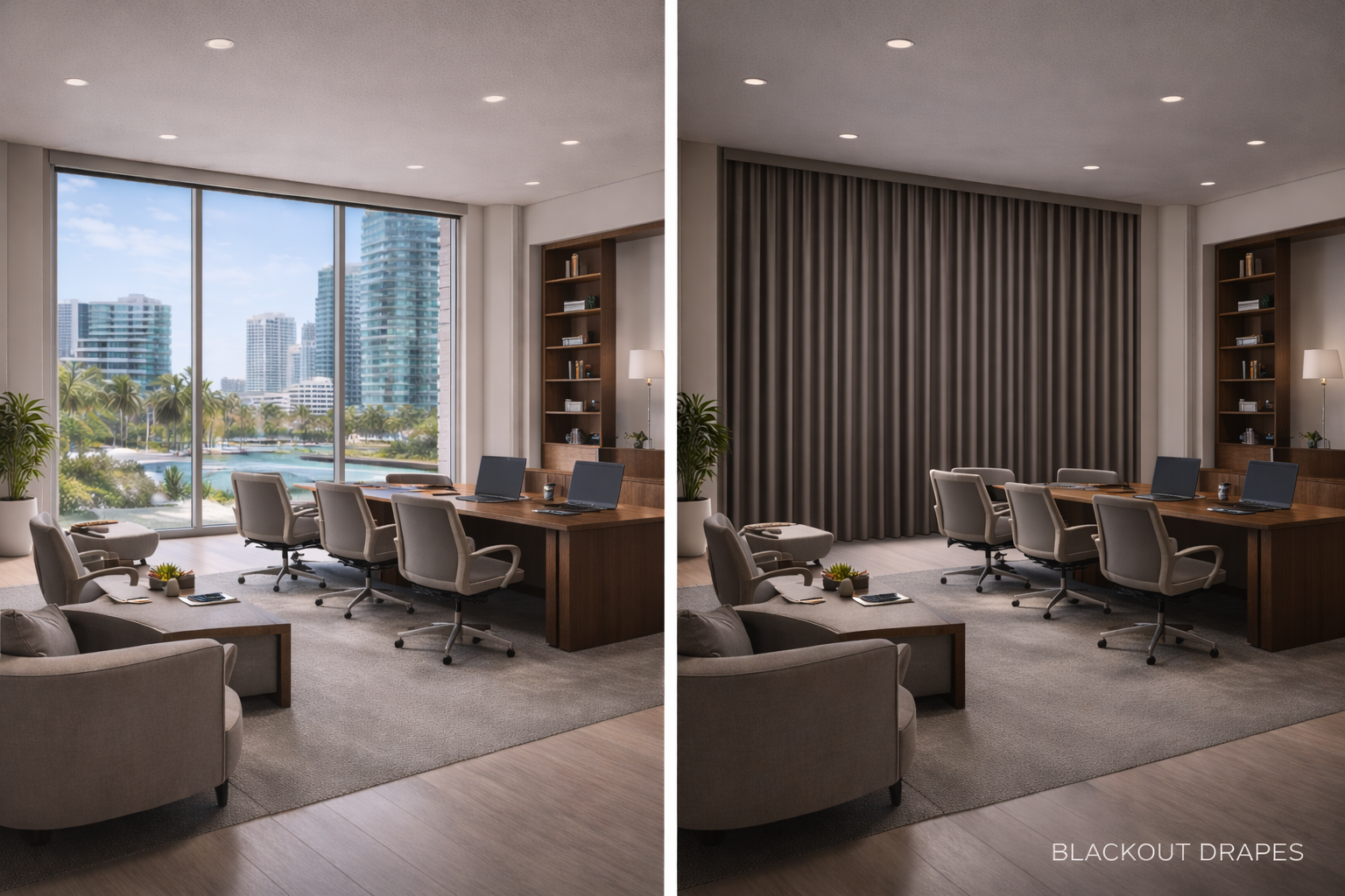 
Before and after charcoal blackout drapes executive boardroom conference room Felicia Interiors Miami South Florida