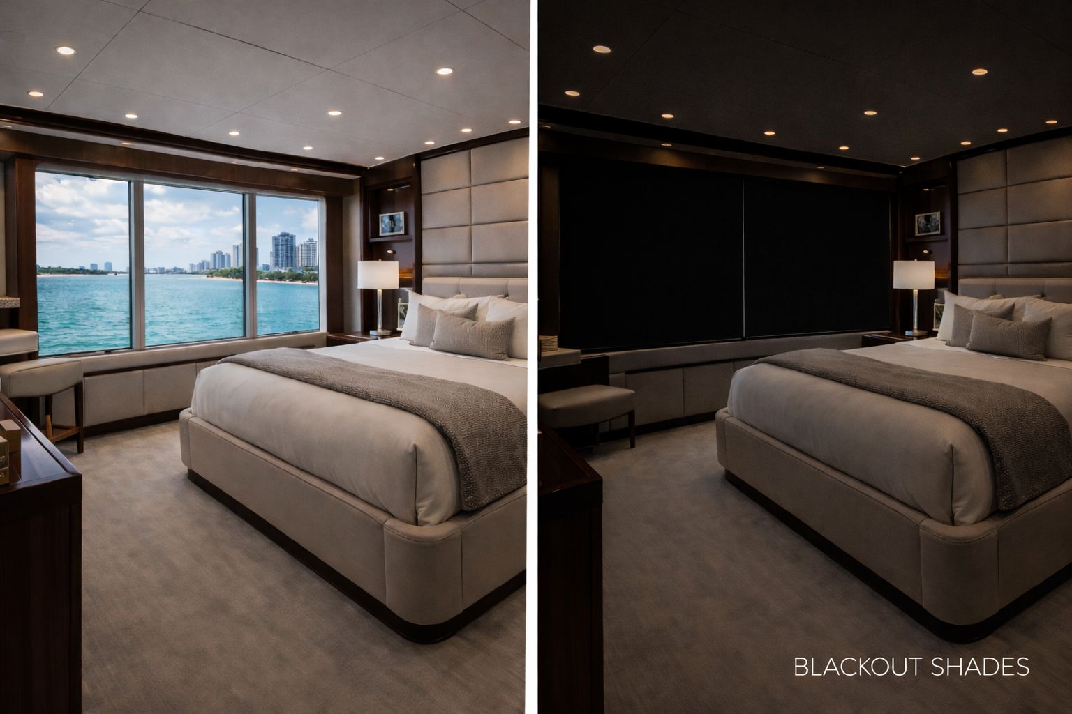 Before and after:
Before and after blackout shades luxury yacht VIP cabin guest suite Felicia Interiors Miami South Florida