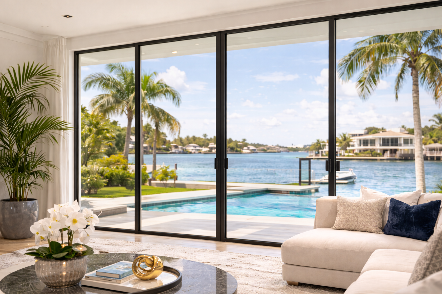 Bare waterfront living room large sliding glass doors pool canal view before window treatment installation Felicia Interiors Miami