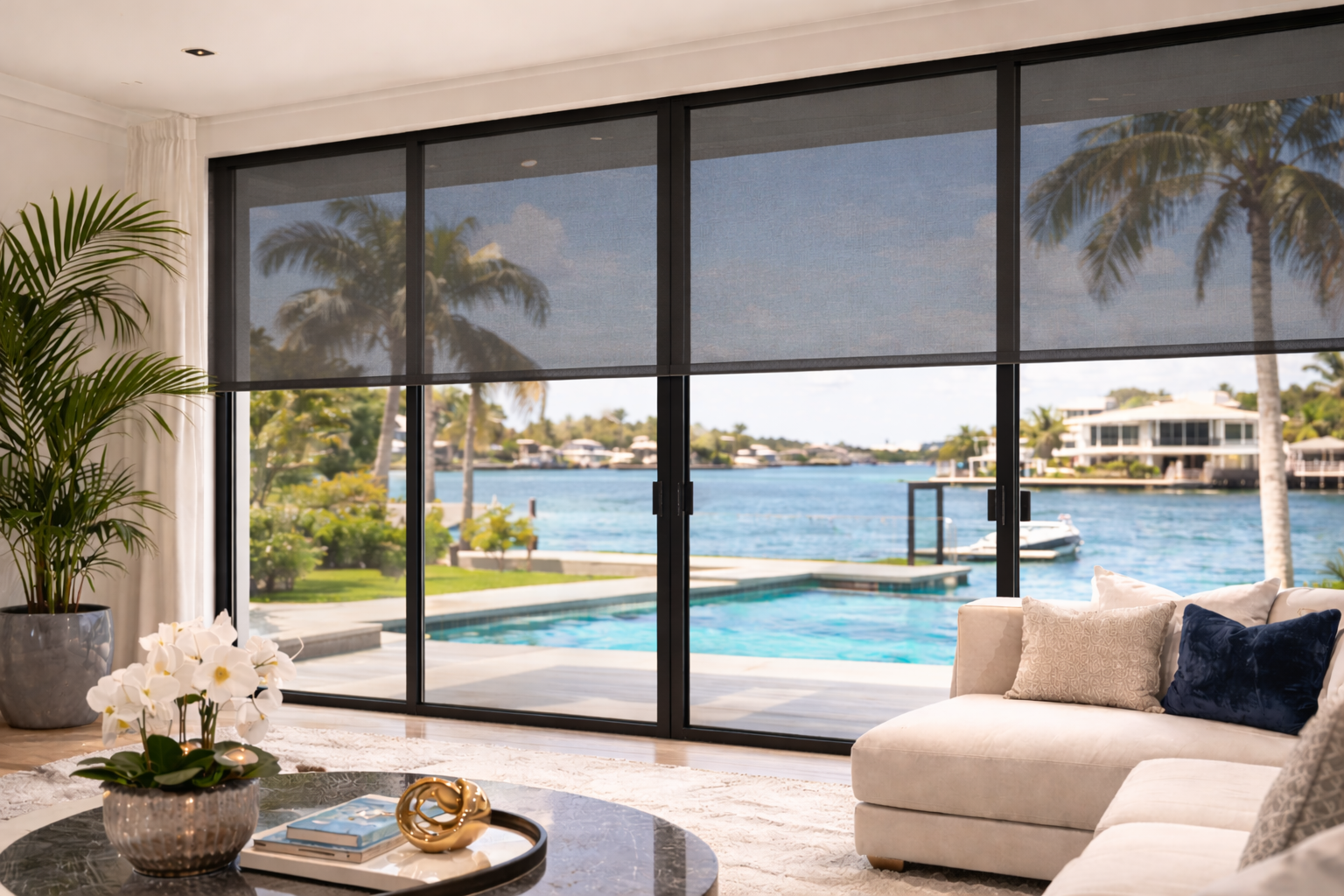 After custom dark solar shades installation luxury waterfront living room Felicia Interiors Miami South Florida