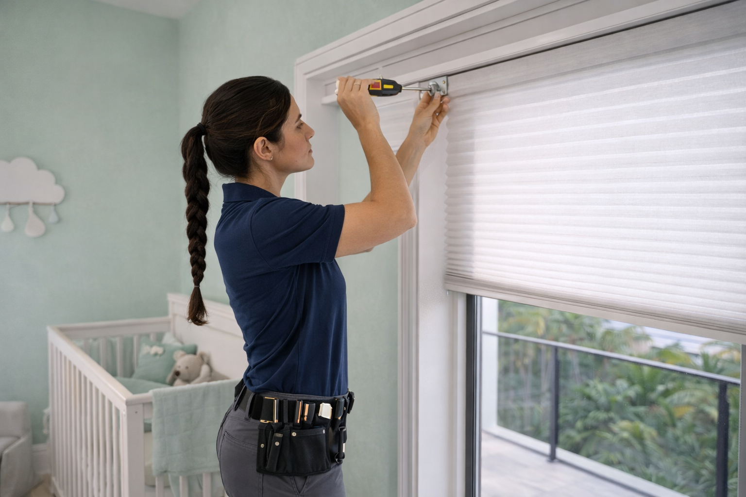 Professional female installer in navy uniform mounting a custom cellular shade in a bright nursery room with crib and soft pastel décor.