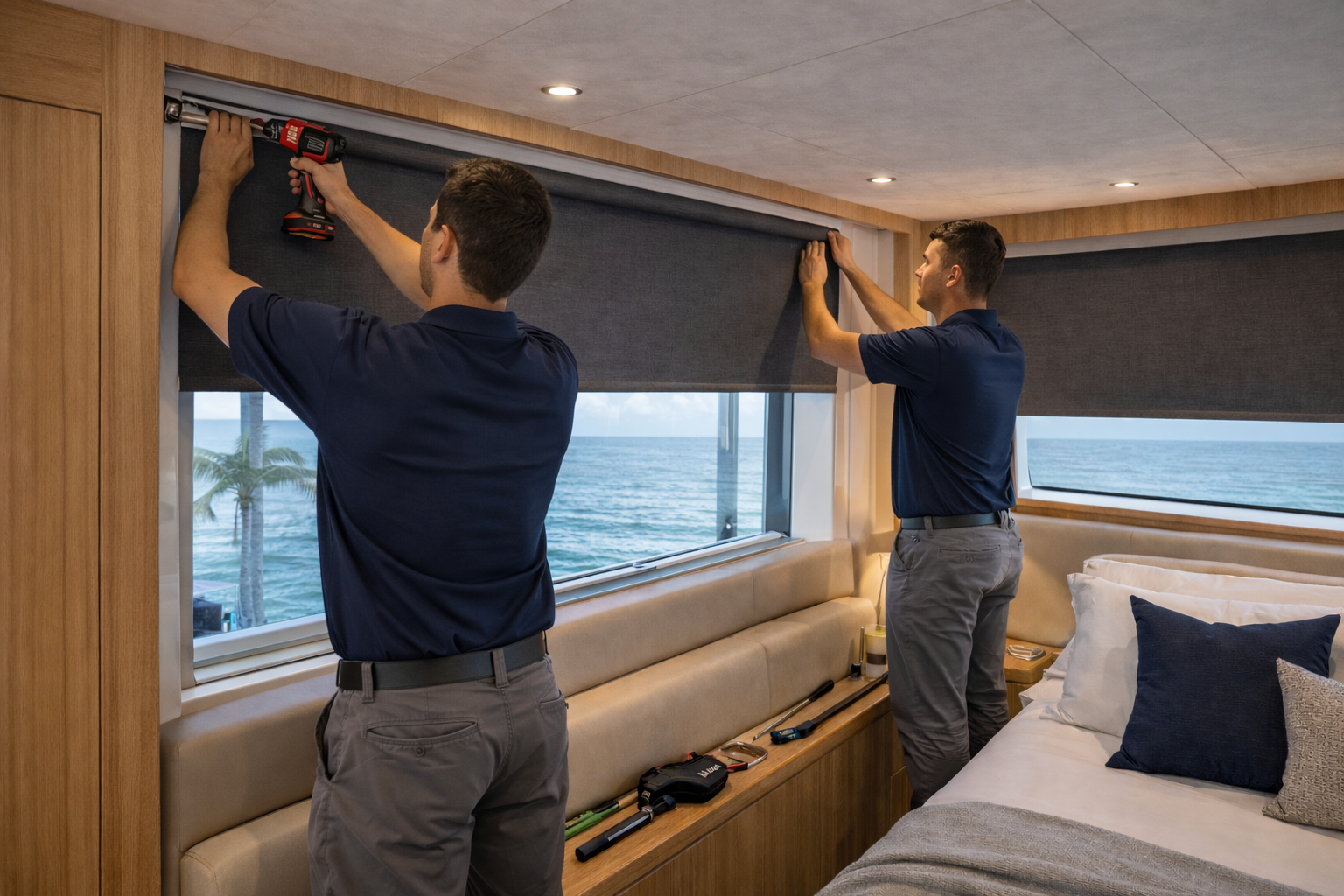 Felicia Interiors installer fitting blackout shades luxury yacht cabin ocean view South Florida Miami