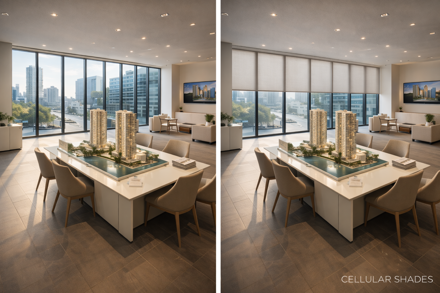 Before and after cellular shades luxury real estate sales center condo gallery Felicia Interiors Miami South Florida