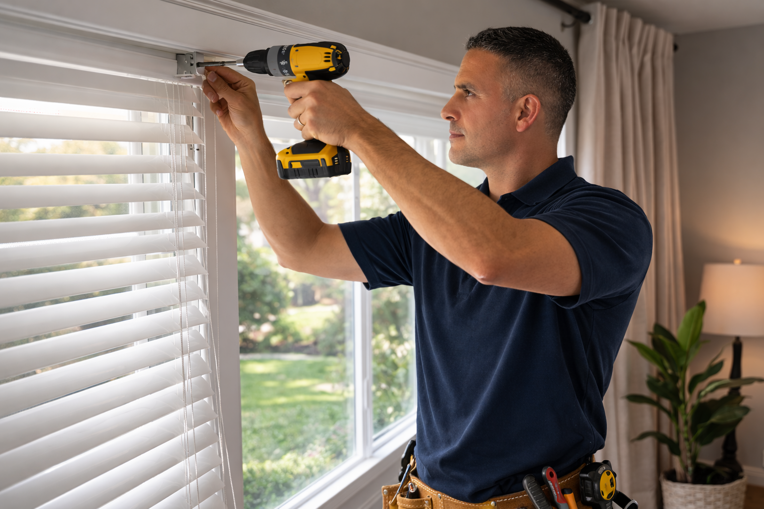 Professional installer using a drill to mount custom faux wood blinds inside a modern residential window with drapery panels.