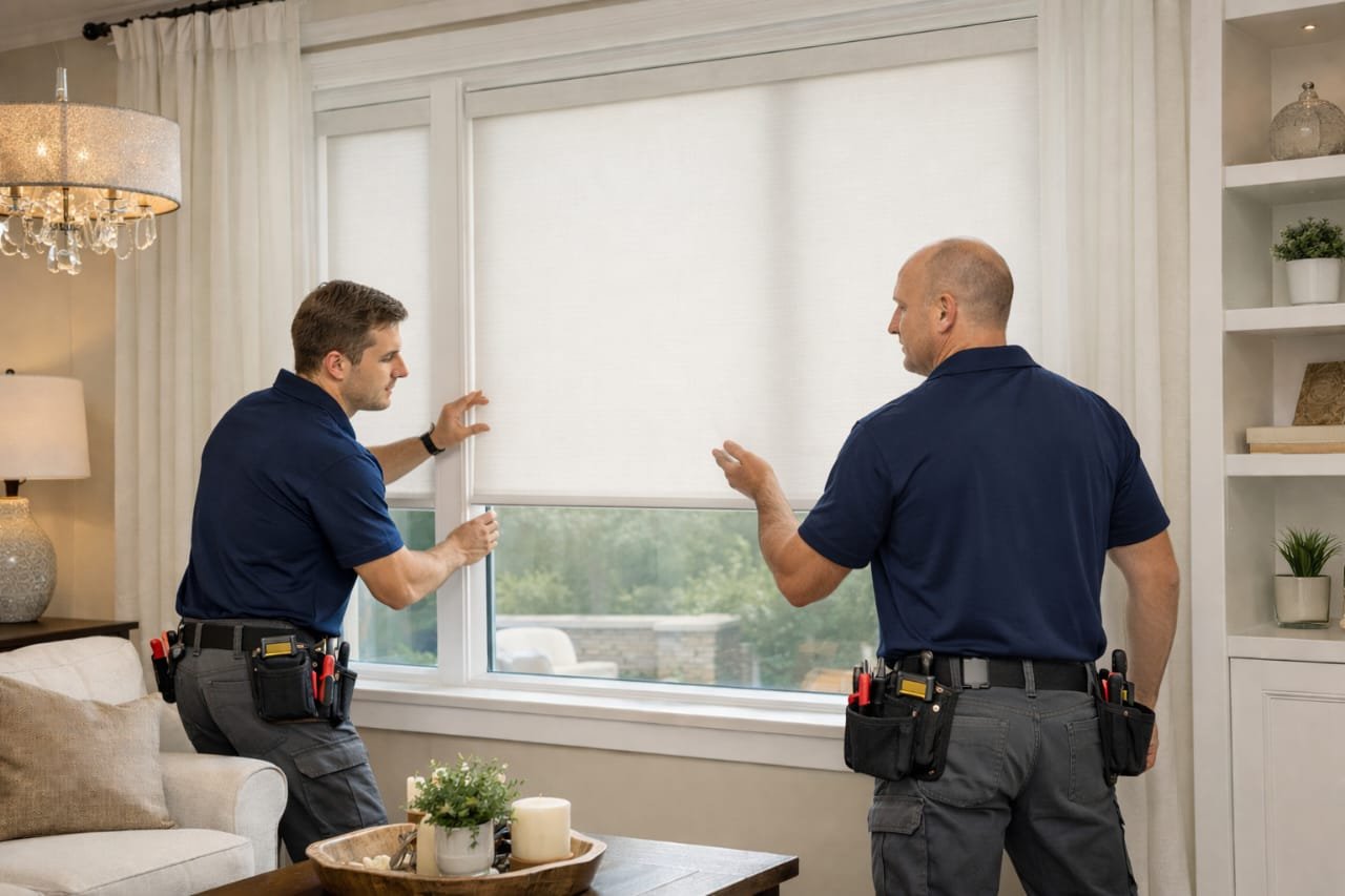 Two professional installers adjusting custom roller shades in a modern living room with drapery panels and large window.