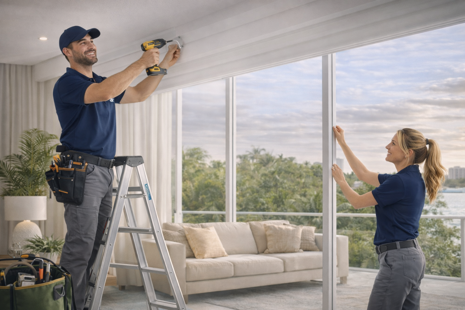 Professional window treatment installers installing custom roller shades in a luxury Miami waterfront living room with floor-to-ceiling windows and bay views.