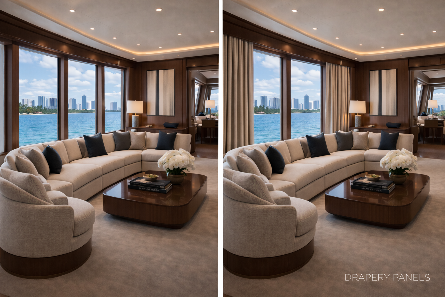 Before and after:
Before and after drapery panels luxury yacht formal salon master suite Felicia Interiors Miami South Florida