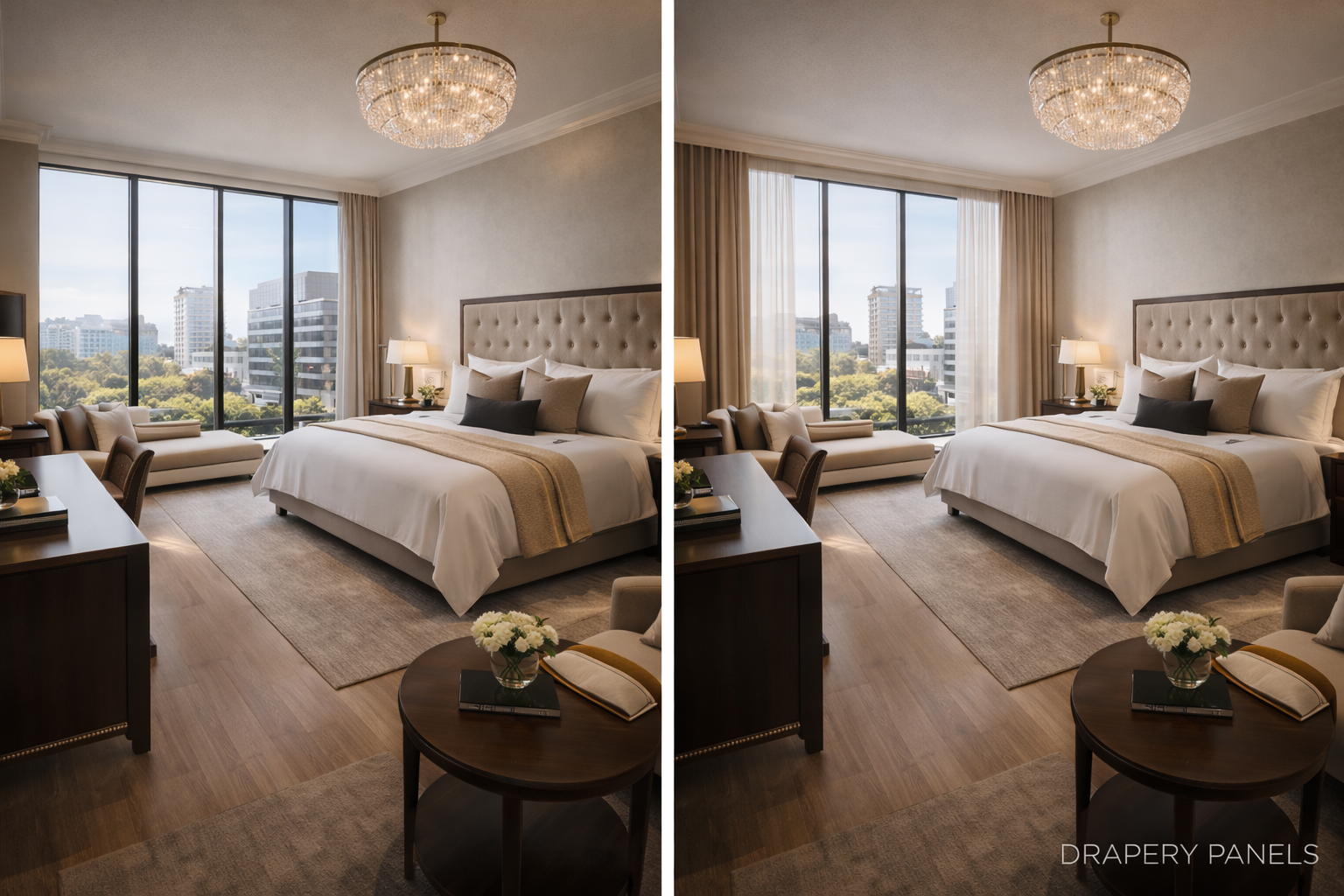 Before and after drapery panels luxury hotel suite guest room Felicia Interiors Miami Beach South Florida