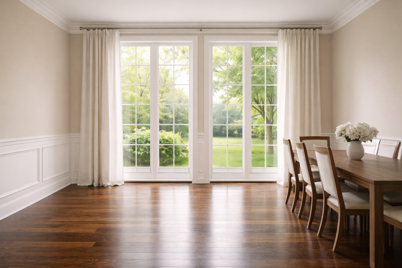 Custom white drapery panels dining room luxury Miami home window treatments Felicia Interiors