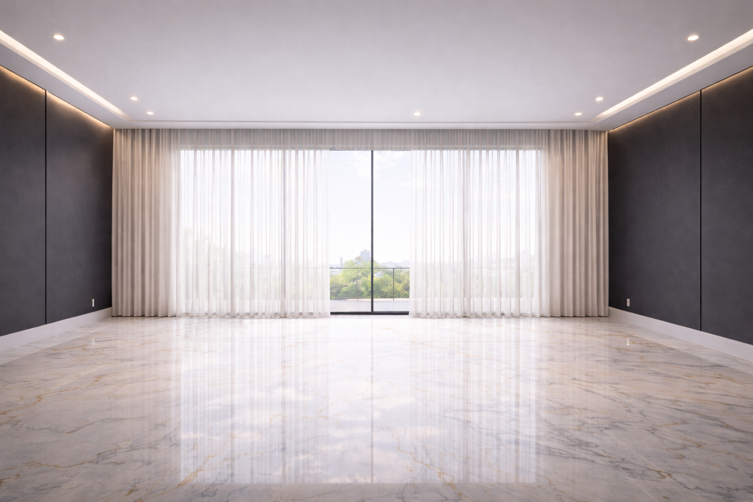 Elegant living room with beautiful custom drapes in Hialeah, Florida featuring large windows and luxury interior design.