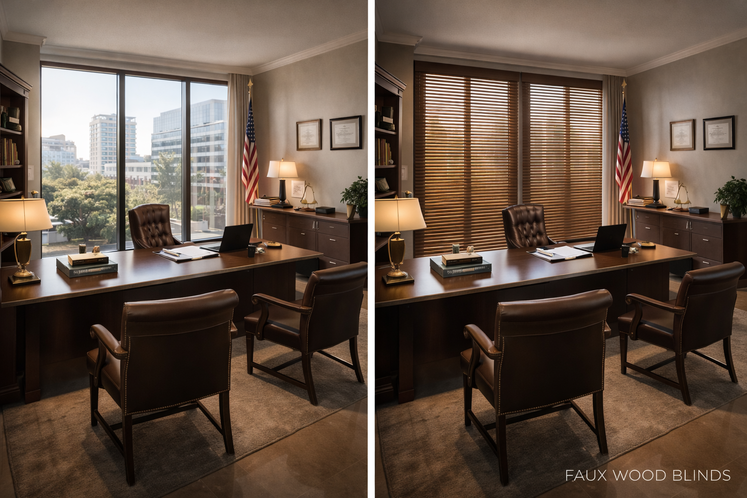 Before and after faux wood blinds traditional law office executive workspace Felicia Interiors Miami South Florida