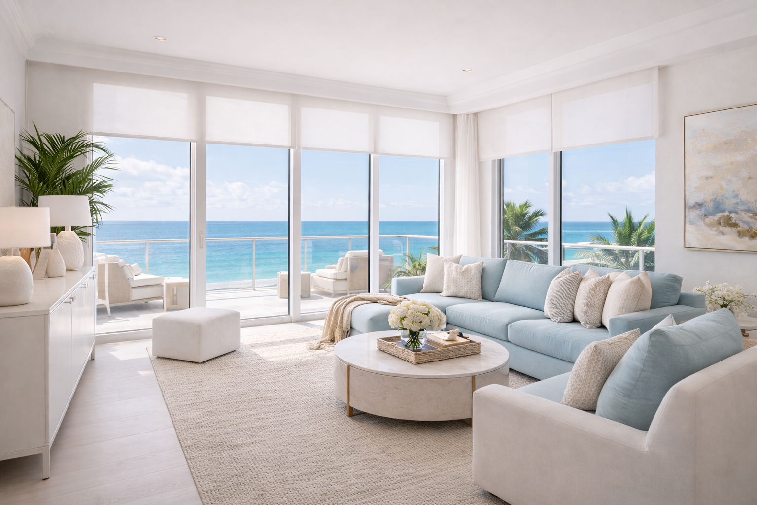 Light filtering roller shades oceanfront luxury living room Felicia Interiors Aventura South Florida