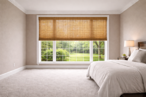 Custom woven bamboo shades luxury bedroom Felicia Interiors Miami-Dade South Florida