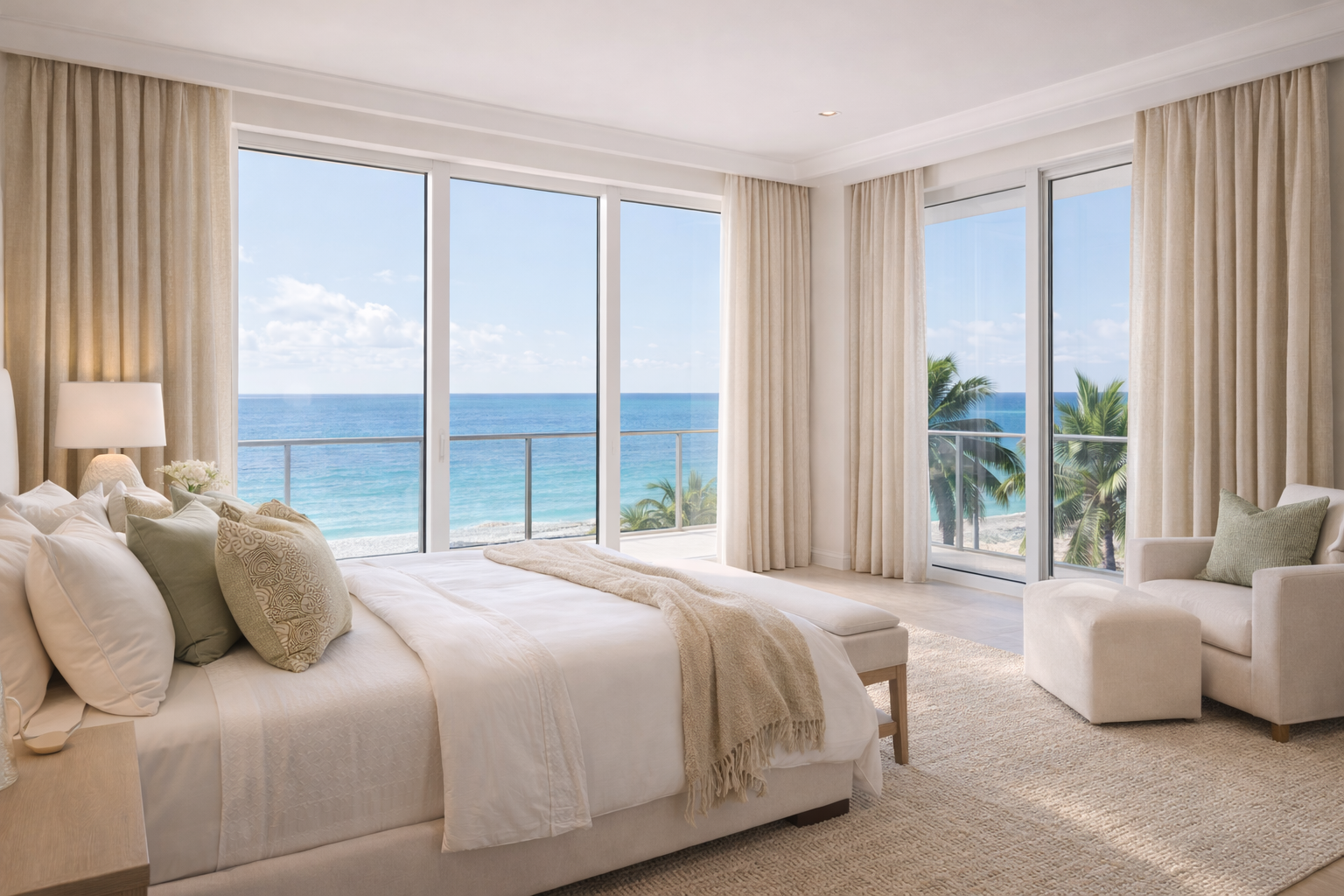 Custom linen drapery oceanfront luxury bedroom Felicia Interiors Miami Beach Key Biscayne South Florida