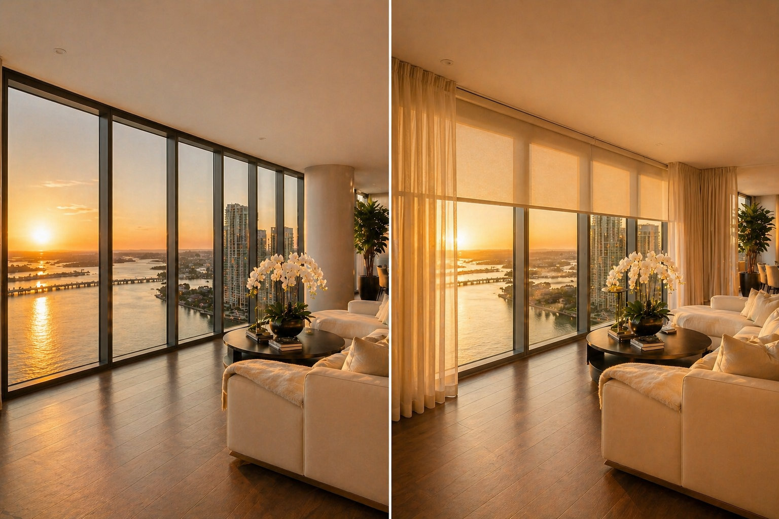 Before and after luxury Miami condo with custom motorized roller shades and ivory drapes overlooking Biscayne Bay waterfront
