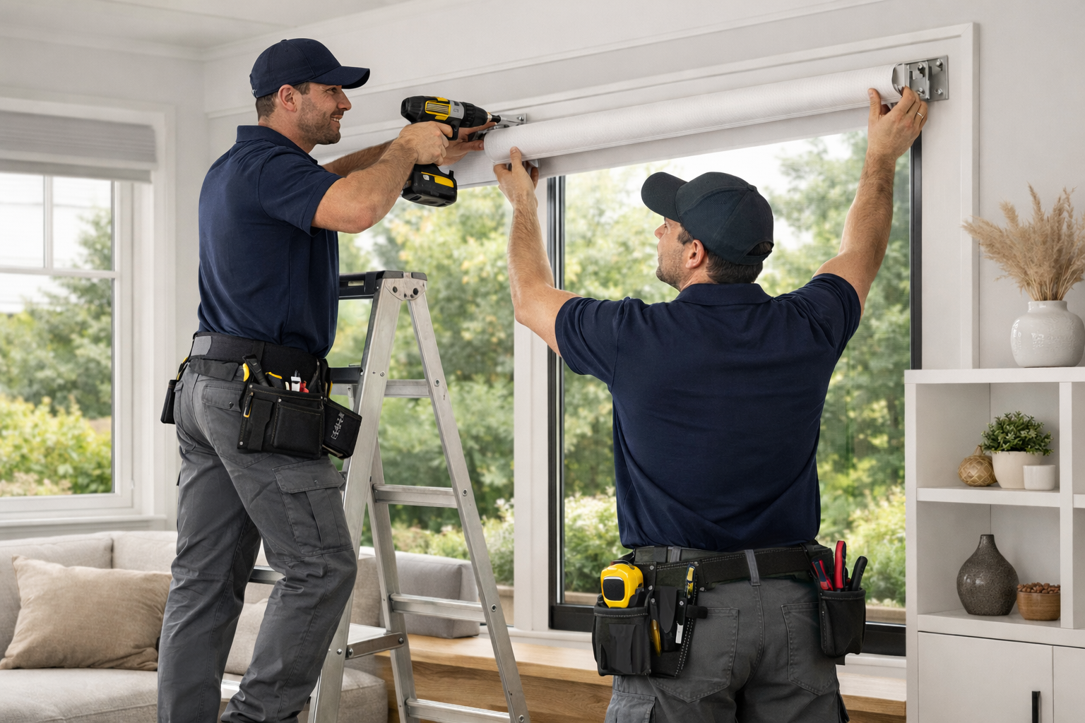 Two professional installers in navy uniforms mounting a custom roller shade on a large window inside a modern luxury living room.